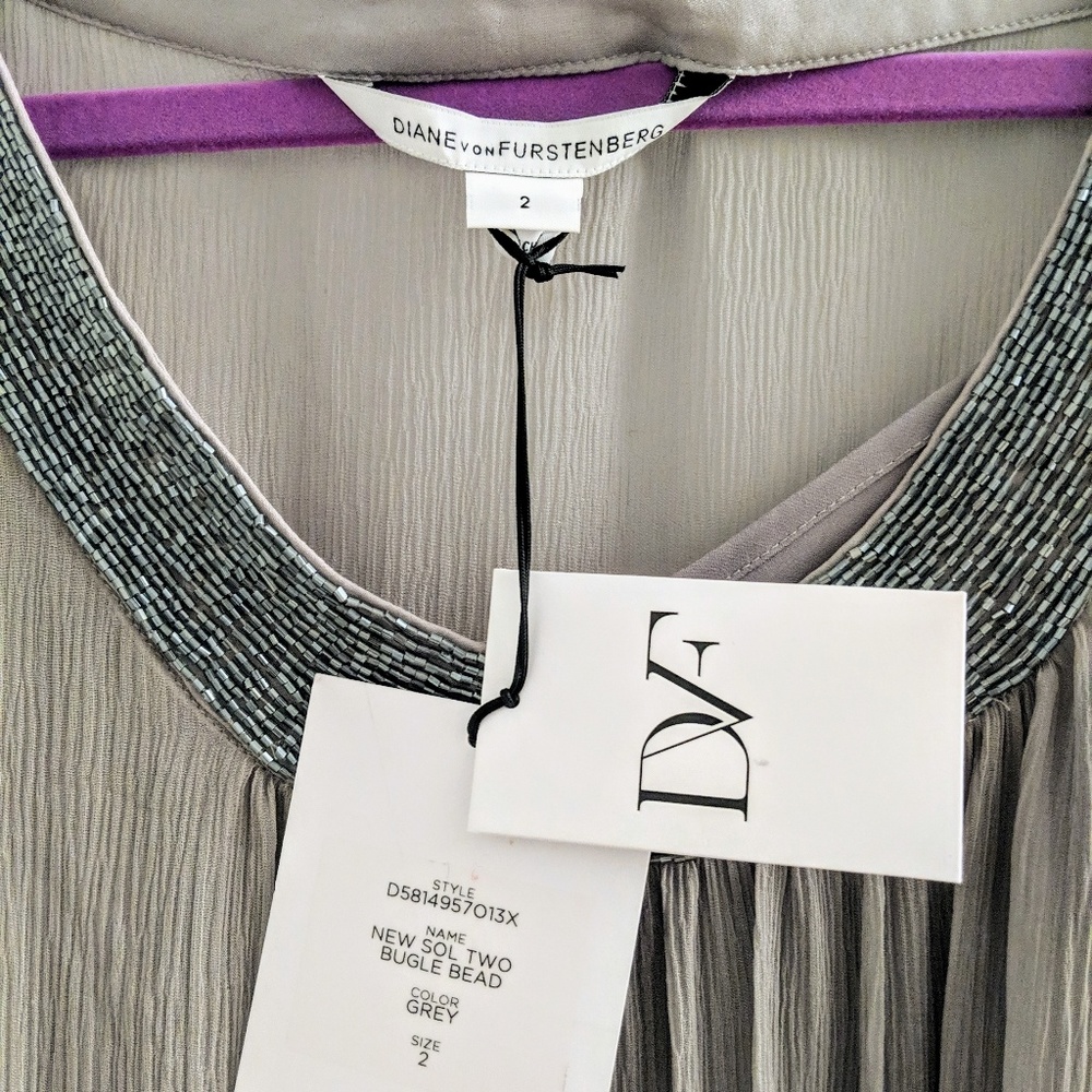 NWT Diane von Furstenberg silver beaded silk dress